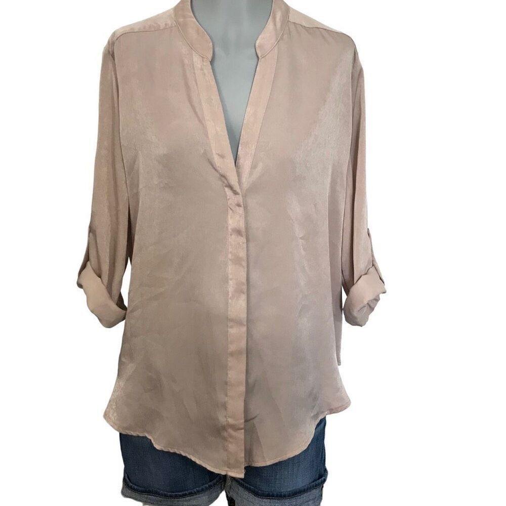 Apricot V Neck Blouse Size xl 16 pink tan button‎ front shirt cuffed sleeves